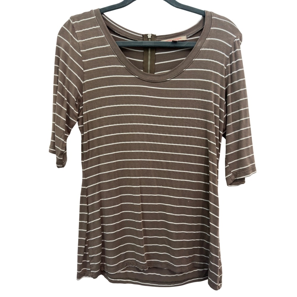 Brown White Striped Knit Top Exposed Back Zip Elbow Sleeve USA Made Size L